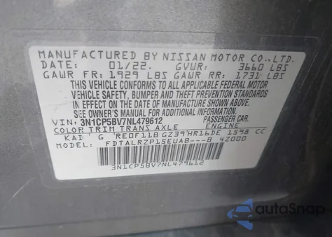 2022 Nissan Kicks S Xtronic Cvt из США, поврежденный, VIN 3N1CP5BV7NL479612